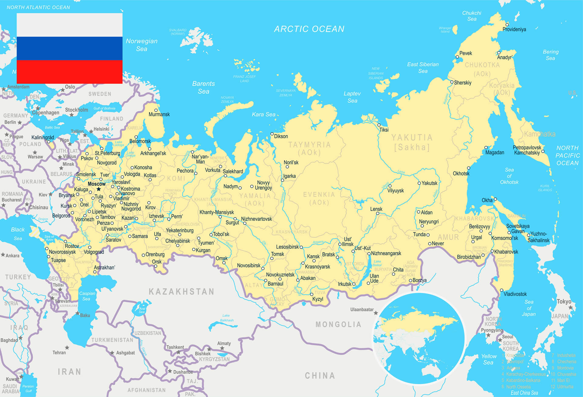 Russland-Karte mit Flüssen und Seen